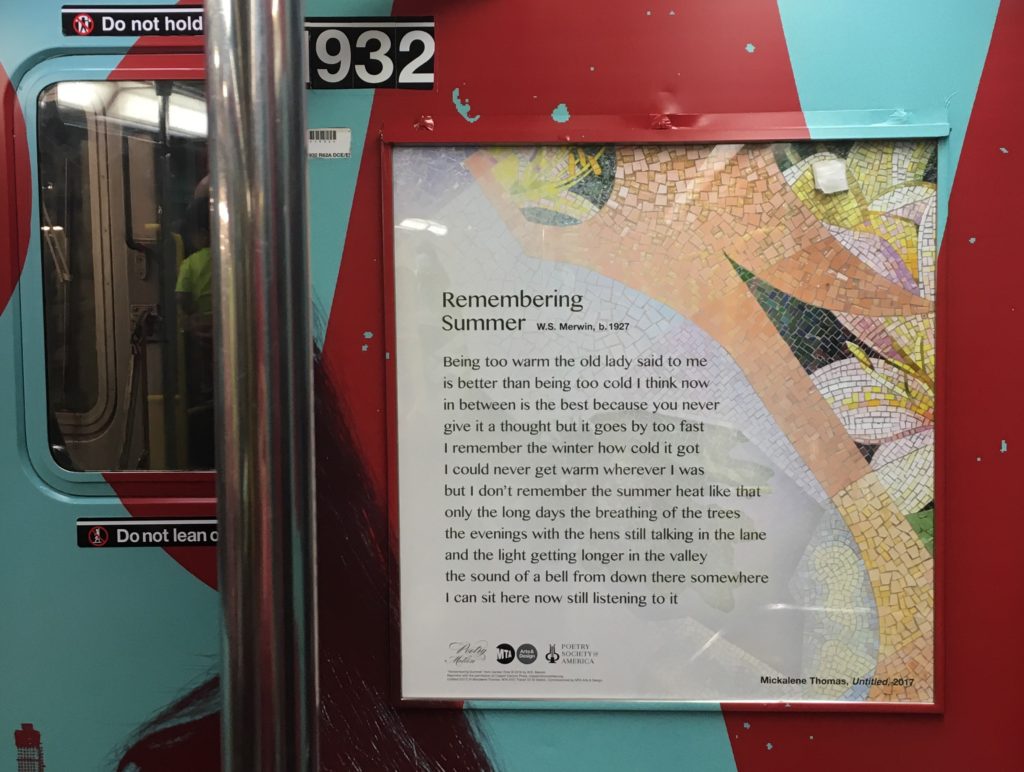 "Remembering Summer" by W.S. Merwin is featured in the "Poetry in Motion" Series in the NYC Subway 