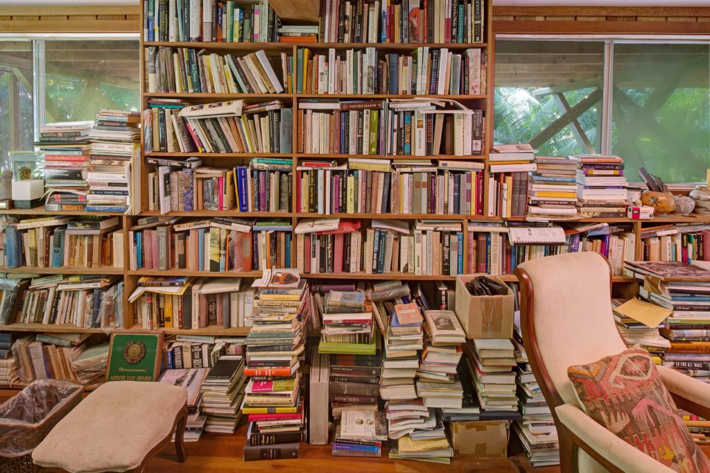 Views of the Merwins' extensive library of books